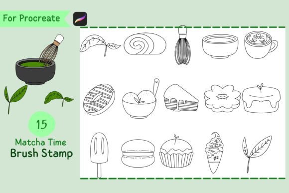 Procreate Brush Stamp Matcha Time: 15 Cute Doodles