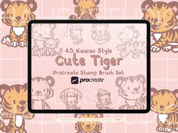 Tiger Procreate Stamp Brush Set: 45 Kawaii Assets